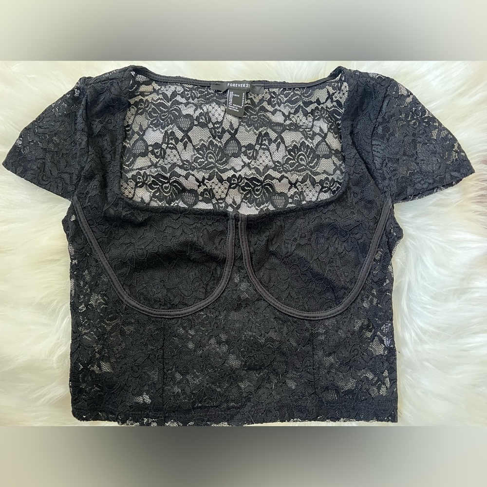 Forever 21 Black Lace Short Sleeve Cropped Bustier Top